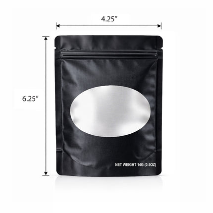 50 Pack – 14g Solid Color Mylar Bags with Oval Window - Black