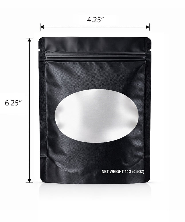 50 Pack – 14g Solid Color Mylar Bags with Oval Window - Black
