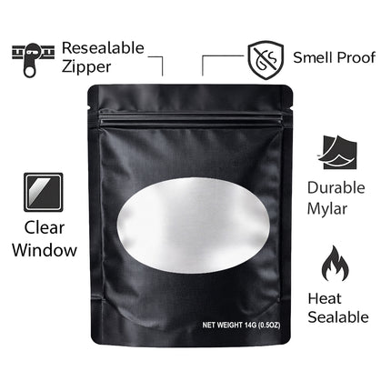 50 Pack – 14g Solid Color Mylar Bags with Oval Window - Black
