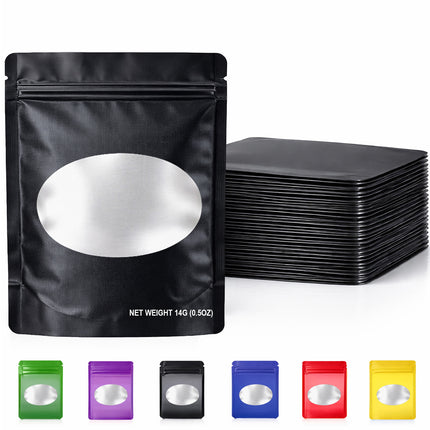 50 Pack – 14g Solid Color Mylar Bags with Oval Window - Black