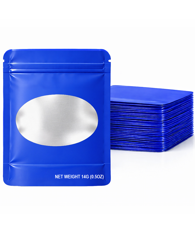 50 Pack – 14g Solid Color Mylar Bags with Oval Window - Royal Blue