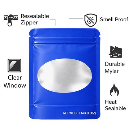 50 Pack – 14g Solid Color Mylar Bags with Oval Window - Royal Blue