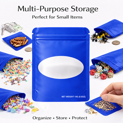 50 Pack – 14g Solid Color Mylar Bags with Oval Window - Royal Blue
