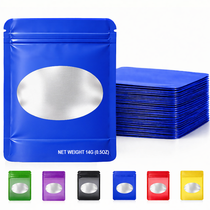 50 Pack – 14g Solid Color Mylar Bags with Oval Window - Royal Blue