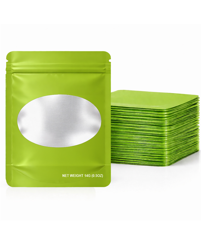 50 Pack – 14g Solid Color Mylar Bags with Oval Window - Green