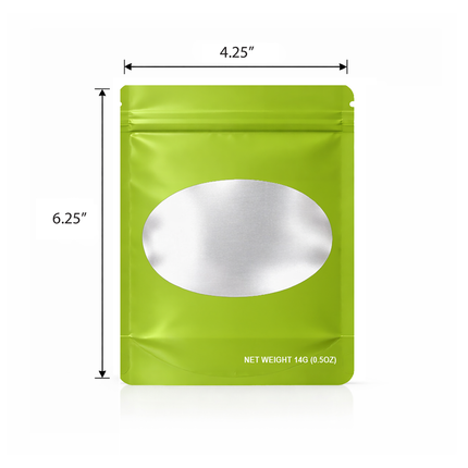 50 Pack – 14g Solid Color Mylar Bags with Oval Window - Green