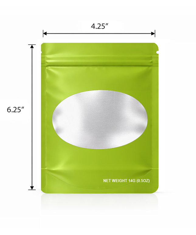 50 Pack – 14g Solid Color Mylar Bags with Oval Window - Green