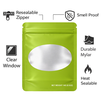 50 Pack – 14g Solid Color Mylar Bags with Oval Window - Green