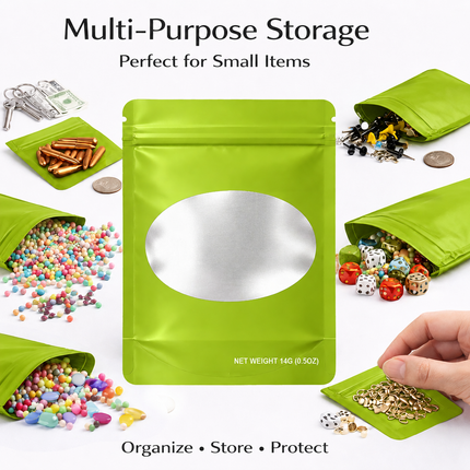 50 Pack – 14g Solid Color Mylar Bags with Oval Window - Green