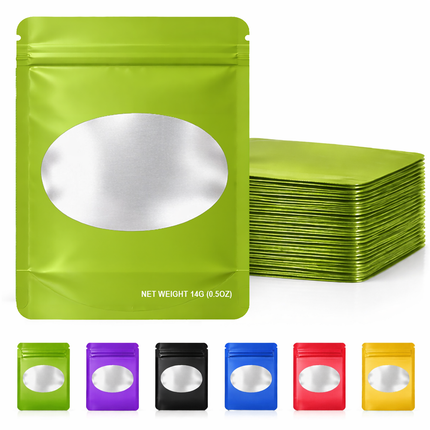 50 Pack – 14g Solid Color Mylar Bags with Oval Window - Green