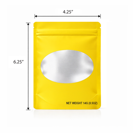 50 Pack – 14g Solid Color Mylar Bags with Oval Window - Yellow