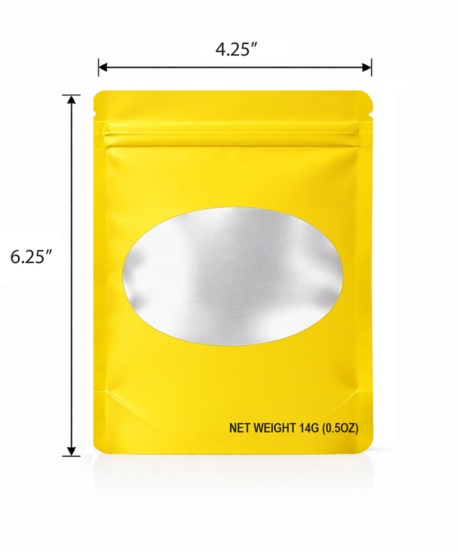 50 Pack – 14g Solid Color Mylar Bags with Oval Window - Yellow