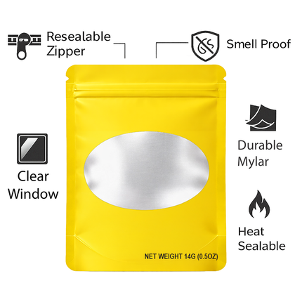 50 Pack – 14g Solid Color Mylar Bags with Oval Window - Yellow