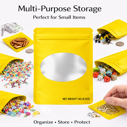 50 Pack – 14g Solid Color Mylar Bags with Oval Window - Yellow