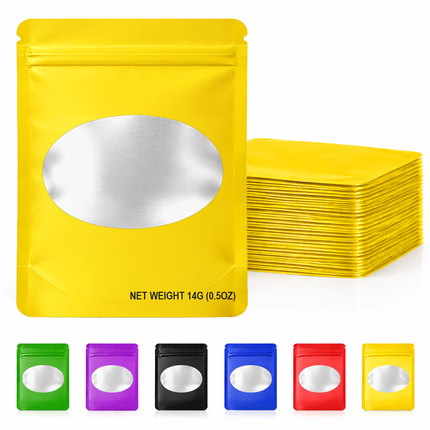 50 Pack – 14g Solid Color Mylar Bags with Oval Window - Yellow