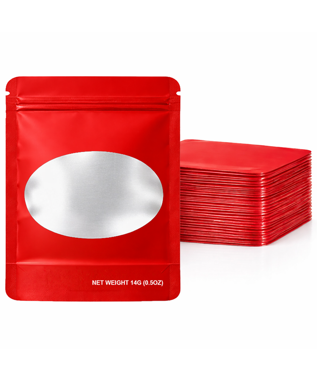 50 Pack – 14g Solid Color Mylar Bags with Oval Window - Red