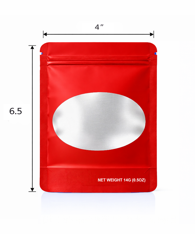50 Pack – 14g Solid Color Mylar Bags with Oval Window - Red