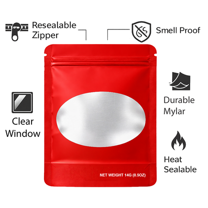 50 Pack – 14g Solid Color Mylar Bags with Oval Window - Red