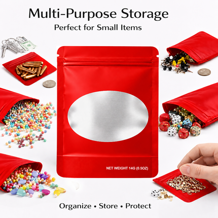 50 Pack – 14g Solid Color Mylar Bags with Oval Window - Red