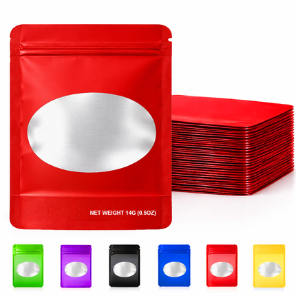 50 Pack – 14g Solid Color Mylar Bags with Oval Window - Red