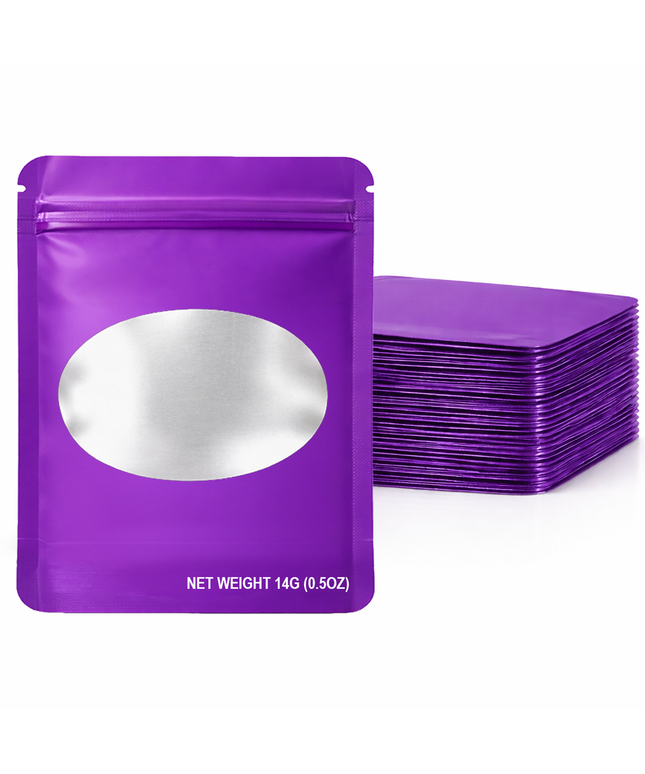 50 Pack – 14g Solid Color Mylar Bags with Oval Window - Purple