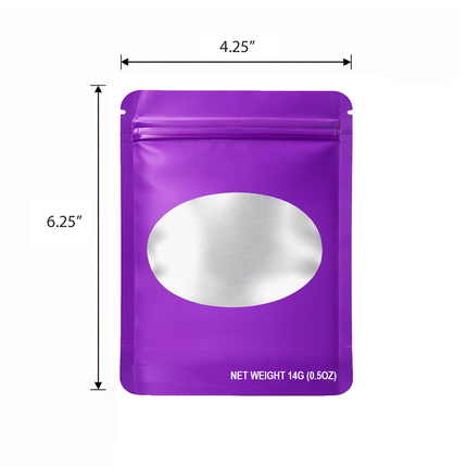 50 Pack – 14g Solid Color Mylar Bags with Oval Window - Purple