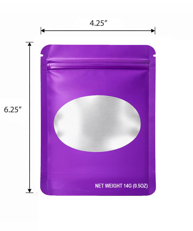 50 Pack – 14g Solid Color Mylar Bags with Oval Window - Purple