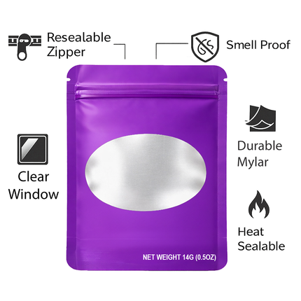 50 Pack – 14g Solid Color Mylar Bags with Oval Window - Purple