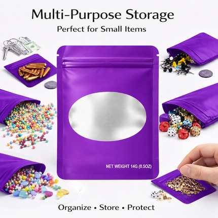 50 Pack – 14g Solid Color Mylar Bags with Oval Window - Purple