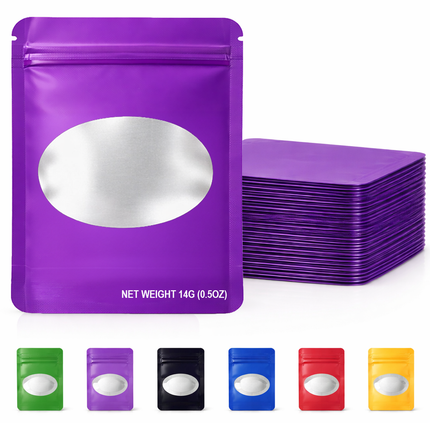 50 Pack – 14g Solid Color Mylar Bags with Oval Window - Purple