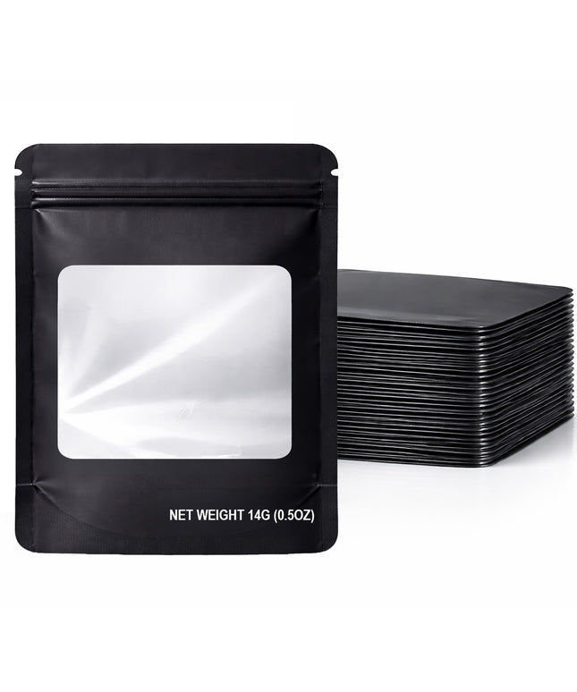 50 Pack – 14g Solid Color Mylar Bags with Square Window - Black
