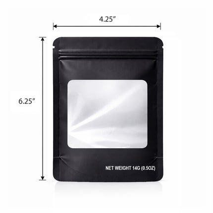 50 Pack – 14g Solid Color Mylar Bags with Square Window - Black