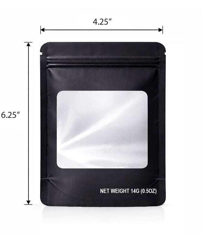 50 Pack – 14g Solid Color Mylar Bags with Square Window - Black