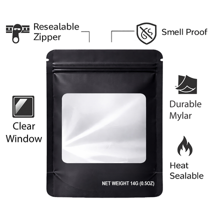 50 Pack – 14g Solid Color Mylar Bags with Square Window - Black