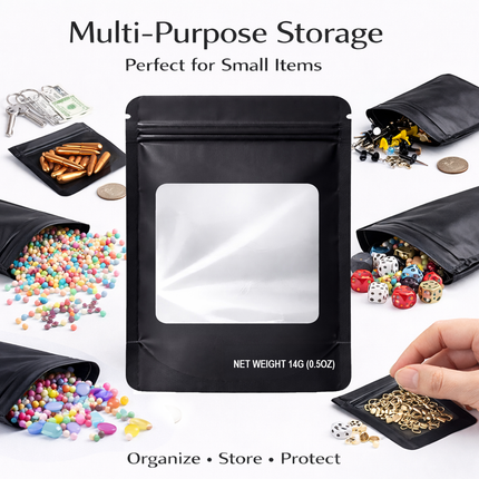 50 Pack – 14g Solid Color Mylar Bags with Square Window - Black