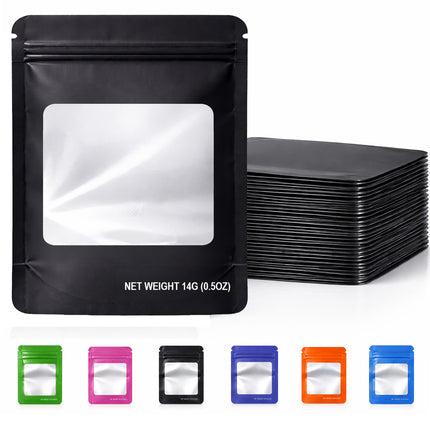 50 Pack – 14g Solid Color Mylar Bags with Square Window - Black