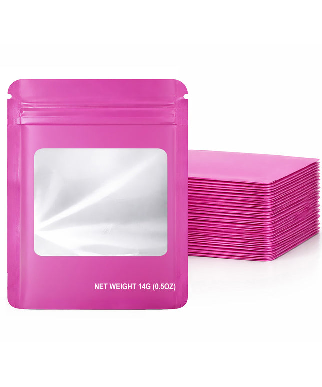 50 Pack – 14g Solid Color Mylar Bags with Square Window - Pink