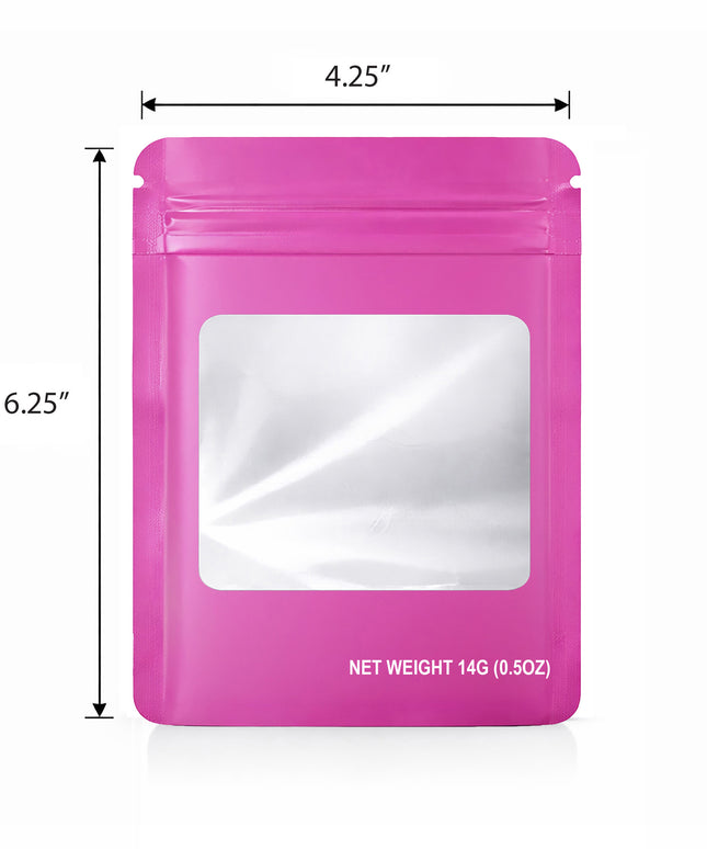 50 Pack – 14g Solid Color Mylar Bags with Square Window - Pink