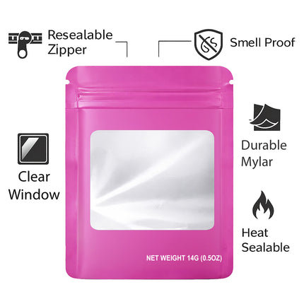 50 Pack – 14g Solid Color Mylar Bags with Square Window - Pink