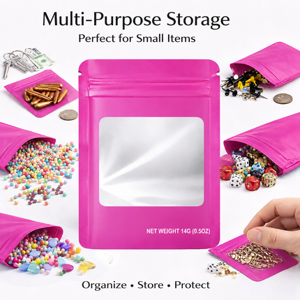 50 Pack – 14g Solid Color Mylar Bags with Square Window - Pink