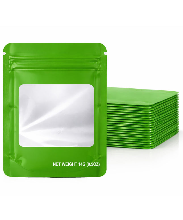 50 Pack – 14g Solid Color Mylar Bags with Square Window - Green