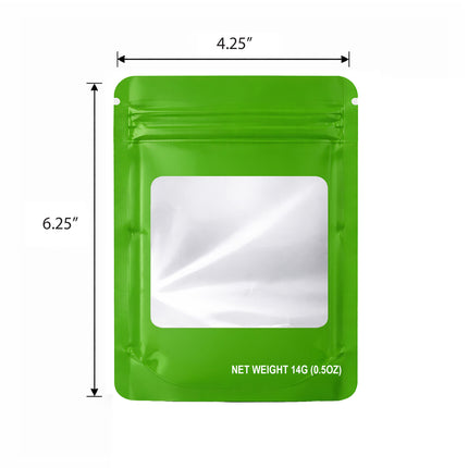 50 Pack – 14g Solid Color Mylar Bags with Square Window - Green