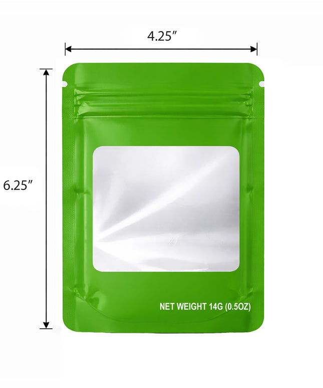 50 Pack – 14g Solid Color Mylar Bags with Square Window - Green