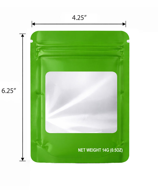 50 Pack 14g Solid Color Mylar Bags with Square Window - Green