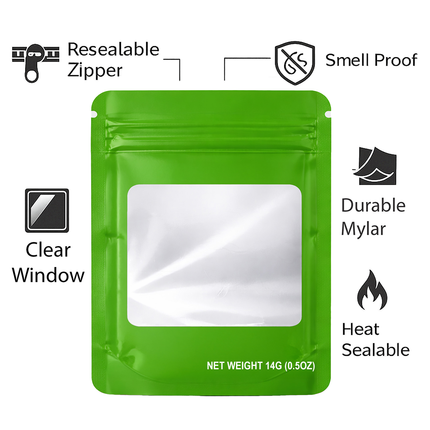 50 Pack – 14g Solid Color Mylar Bags with Square Window - Green