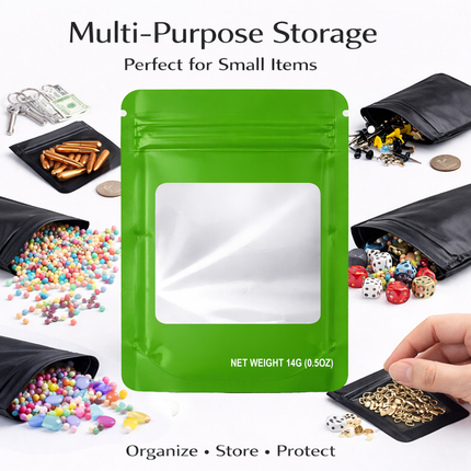 50 Pack – 14g Solid Color Mylar Bags with Square Window - Green