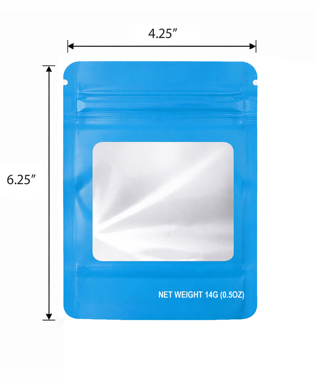 50 Pack – 14g Solid Color Mylar Bags with Square Window -  Light Blue