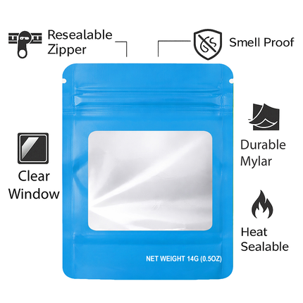 50 Pack – 14g Solid Color Mylar Bags with Square Window -  Light Blue