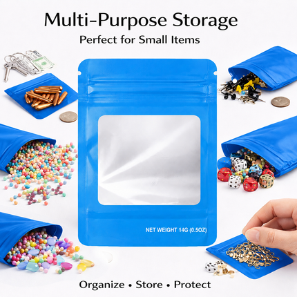50 Pack – 14g Solid Color Mylar Bags with Square Window -  Light Blue