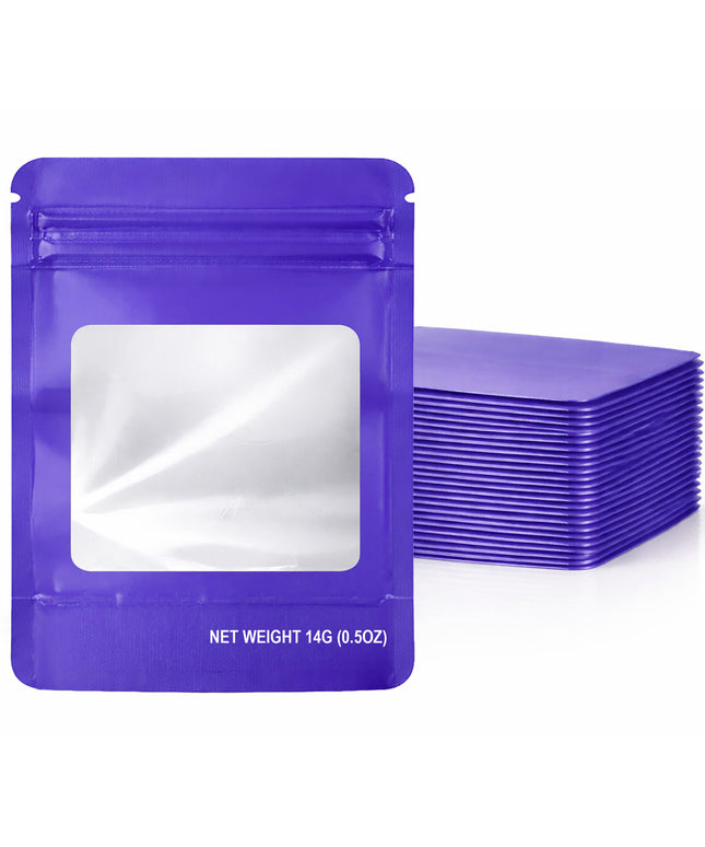 50 Pack – 14g Solid Color Mylar Bags with Square Window - Purple
